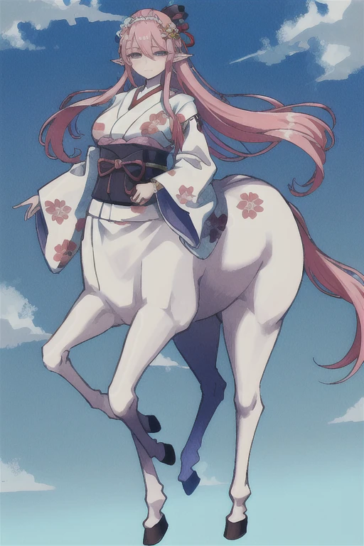 (centaur, taur, centauroid:1.0),
(full body:1.3),
1girl, blue sky, closed mouth, clouds, day, floral print, hair ornament, hair rings, highres, holding, japanese clothes, kei-ne, long hair, long sleeves, looking at viewer, outdoors, pink hair, pointy ears, sky, smile, solo, upper body,