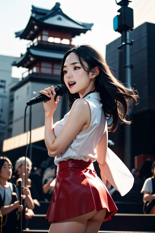 (masterpiece, Highest quality)、live house、Cute girl vocalist、Dark Eyes、Gorgeous lighting、Tight mini skirt、Black Hair、Japanese women、Stand microphone、