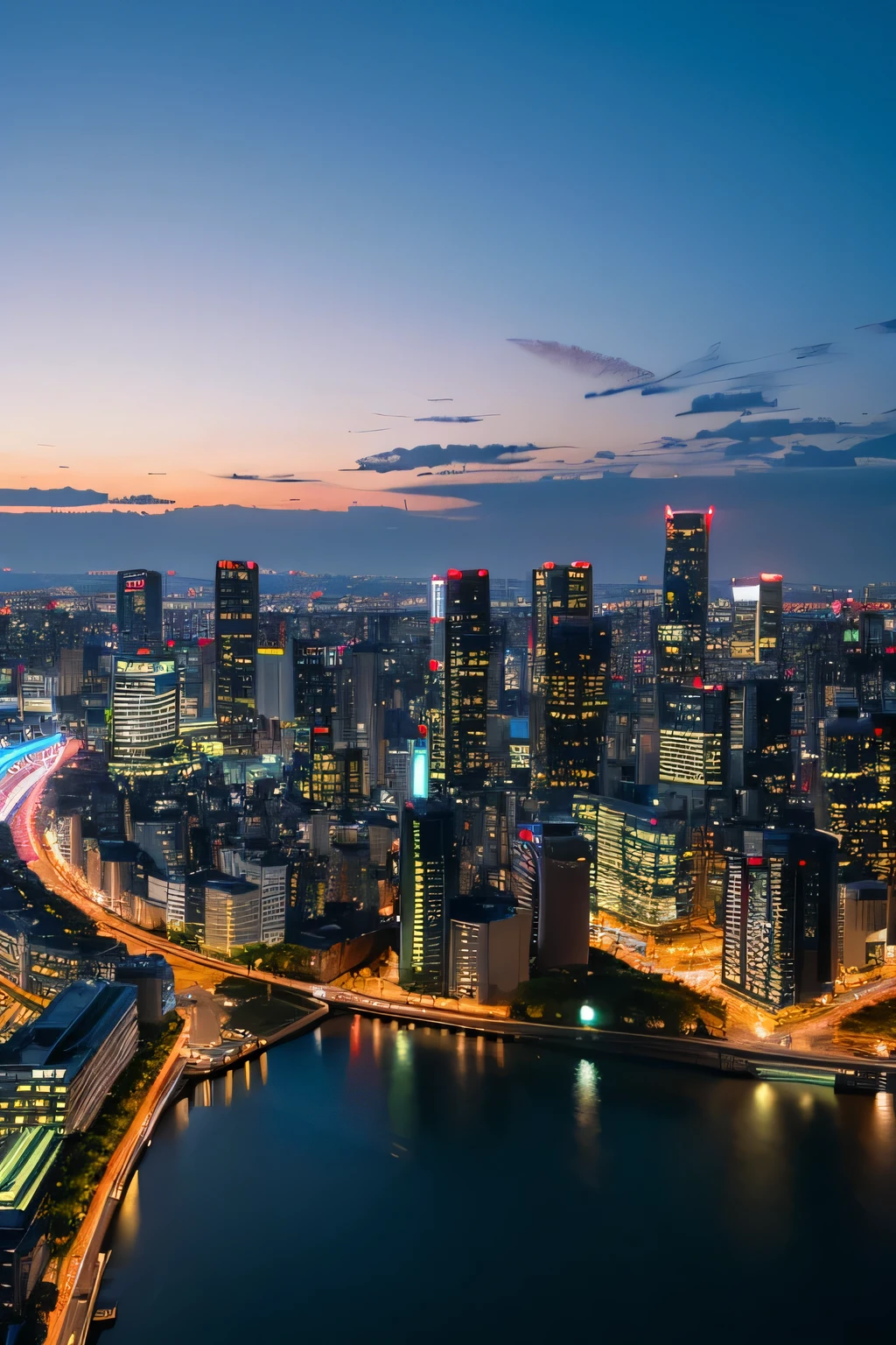 a view of a city skyline with a pool in the foreground, Tokyo is futuristic and clean, watermark:-1, city, Futuristic Tokyo in the background, beautiful city, city backdrop, city reflection, The future of Tokyo can be seen in the background., beautiful cityscape, tokyo city, city in backround, osaka skyline background, anime style cityscape, tokyo city in the background