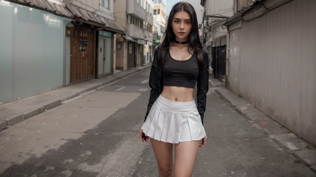 mulher de saia e t-shirt andando por uma rua, a estudante hiperrealista, estudante hiperrealista, posando em uma rua, she is wearing streetwear, sakimichan hdri, usando um top cropped sexy, Na rua, Na rua, Na rua, numa rua, Gothic city streets behind her