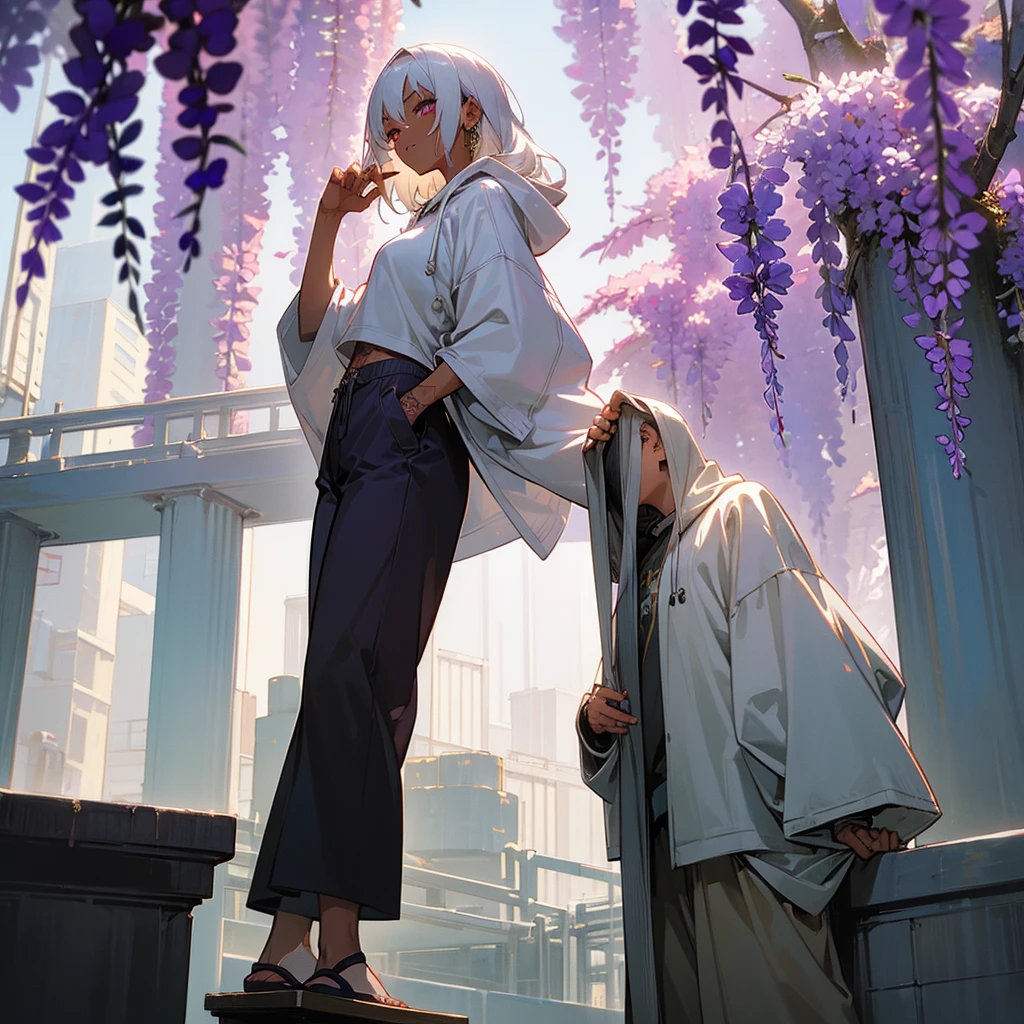 1female, sexy, young adult, dark skin, finely detailed plum eyes, wild medium hair, seashell white hair color, oversized hoodie, baggy pants, standing on building, day time, tokyo streets, somber expression, muscular, tattoos, wisteria flowers, scars