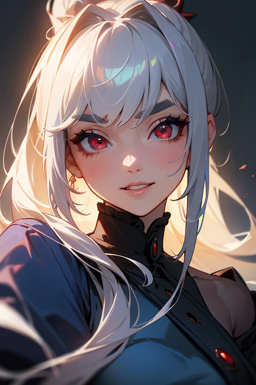 (Highest quality, masterpiece:1.2), (High resolution, 最高masterpiece).(difficult).Very detailed, Realistic:1.37, Fantasy, An illustration,Gray Hair、 Red eyes、Queen, Navy and blue dress、beautifully、Eyeshadow Red、Thick eyebrows、Long eyelashes、pupils are black、shiny on the lips、Top Sites、Queen、Princess、A kind smile、Show your teeth a little and smile、Soft impression、people々々々々々々々々々Loved by、Slimming the face、Shoulder Bare、ponytail、Kissing Face、Long white hair、Shaggy Bangs、Save face image、