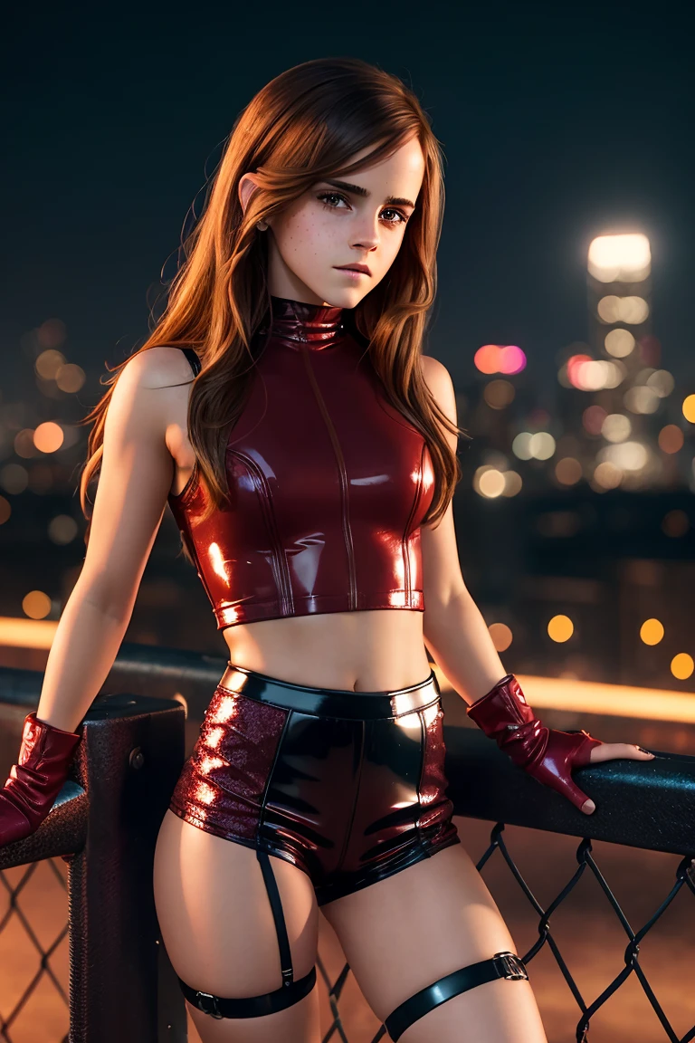 Highly detailed. a sexy beautiful Emma Watson. sparkly brown eyes. long hair. freckles, faint smile. red tight intricate sparkly latex shorts, crop top, boots. leaning on fence. dark ambient. cinematic lighting. background skyline. full shot.