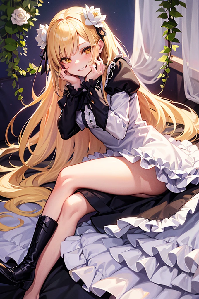 1woman, kirakishou, solo, flower, long hair, blonde hair, dress, hair flower, rose, doll joints, hair ornament, thorns, joints, looking at viewer, eyepatch, smile, frills, flower over eye, white dress, long sleeves, yellow eyes, two side up, sitting, sitting on bed, spreading_legs, panties, grin, naughty face, hand on own face, arm support, very long hair, white flower, bangs, white rose, wavy hair, vines, on side, grin, hand on own cheek, frilled dress, boots, puffy sleeves, high quality, late, 