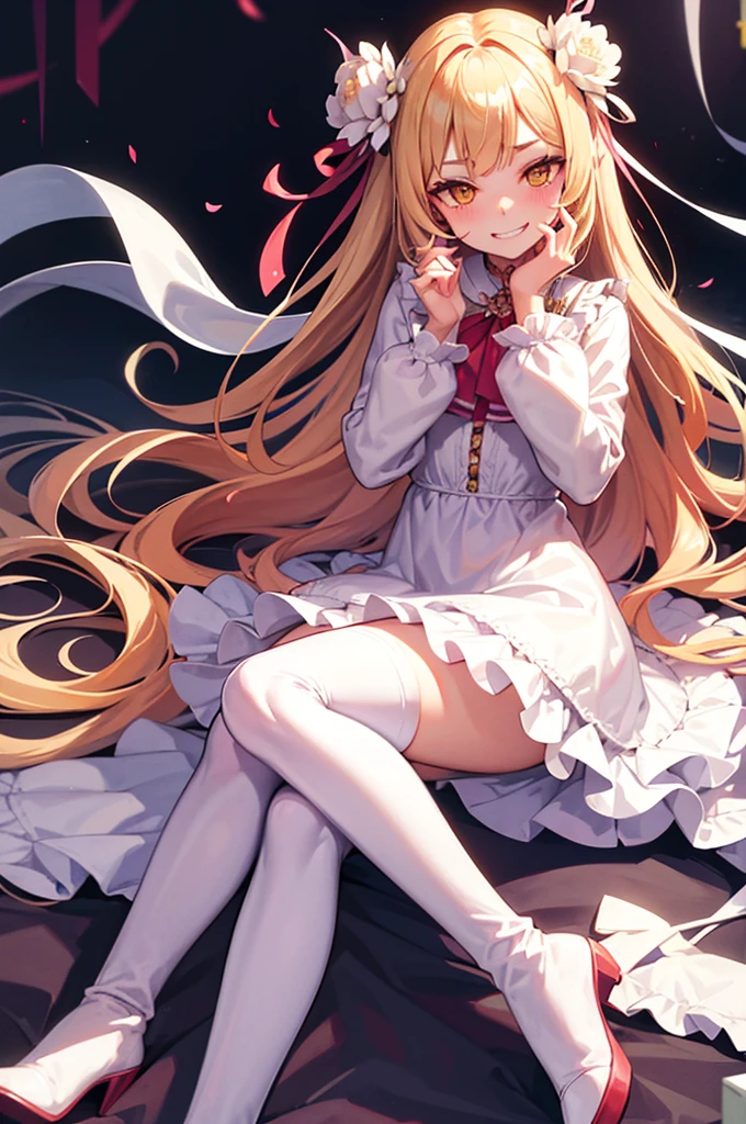 18 year old beautiful girl, ((((Masterpiece)))), ((highest quality)))), ((very detailed))), detailed fingers, precise fingers, not unnatural hands, illustration, 1 girl, solo, blonde right side pony, blonde long hair, white ribbon on right hair, white school uniform, red eyes, white mini skirt, white knee socks, black shoes, dynamic pose, MAYURI
