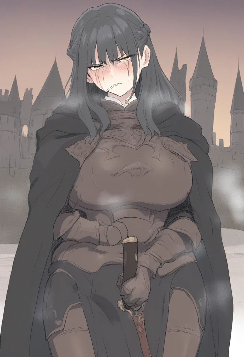 (masterpiece, best quality:1.2) {{Artist: sincos)}} 1woman, mature woman, solo, stern, sfw, clothed, french braid, long hair, tall, black hair, golden eyes, looking tired, scar over left eye, black cloak, cape, black cape, looking down at viewer, smoking, dagger at hip, dagger, castle background, dark fantasy, cigarette in mouth, detailed background, cold expression, armored, wearing armor, stern expression, fully clothed, stern face, cold expression, frown, scoffing