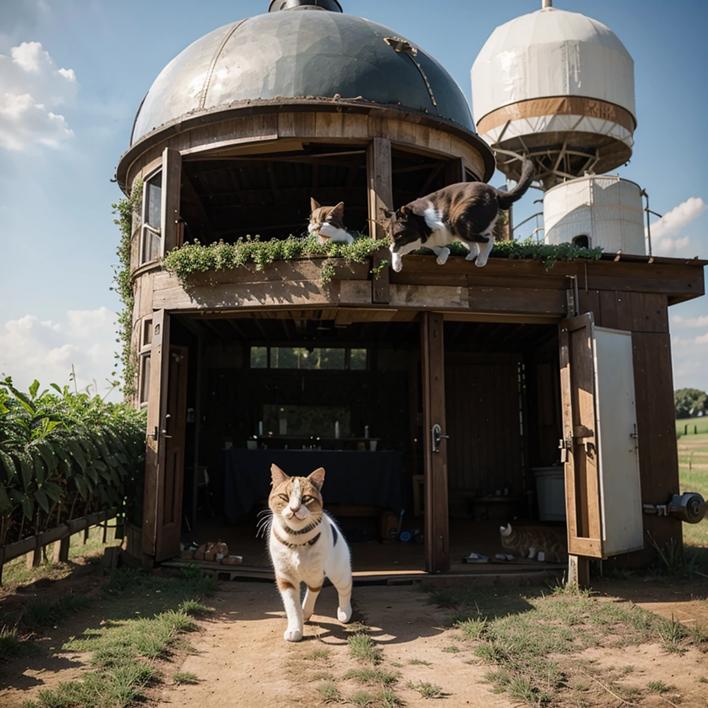 UFO carrying away a cat on a farm 