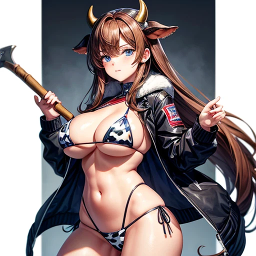 Beautiful woman with brown hair and blue eyes　　Cow horn　　Has an axe　　Long Hair　　Wearing a jacket　Cow print bikini　Large 