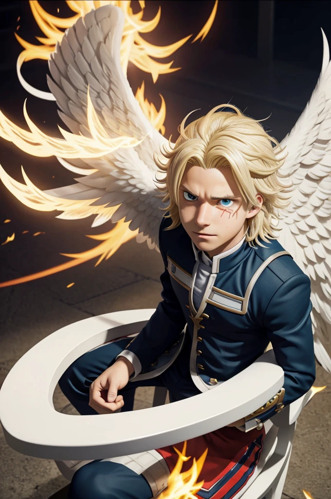 boku no hero academia screenshot of a teenage boy with wavy white hair and one eye covered, wings made of bright blonde flames, His eyes are slanted blonde and he has a serious expression with large circles under his eyes.. In the background you can see the UA classroom and he is sitting