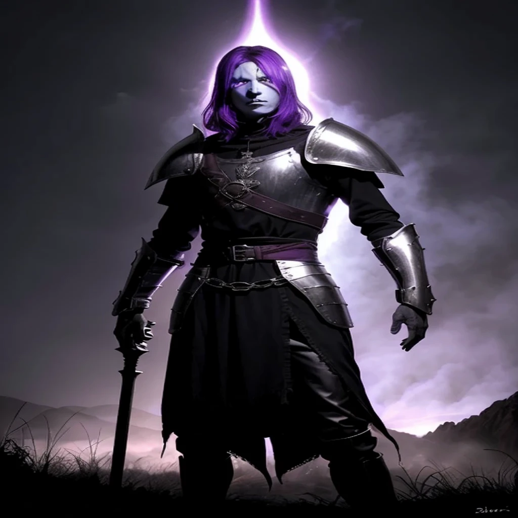 (SkinWalker) tall with a purple glow in his left eye.
Scenery a dozen undead with medieval armor Wearing a black tunic