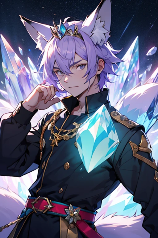 humanoid fox wearing a crystal crown, light purple hair, fox ears, and crystallized gemstone foxtails