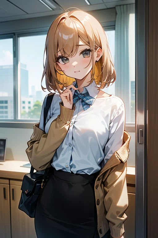 beautiful girl、Office Casual Fashion、ノースリーブのパーカー、チョーカー、ハンドカバー、Tight skirt style、slender、Model Body Type、Ideal Style、 Slim and cute、No buttons、Put on a bolero、One off-the-shoulder brown cardigan、JK、high school girl、髪を後ろで纏めている