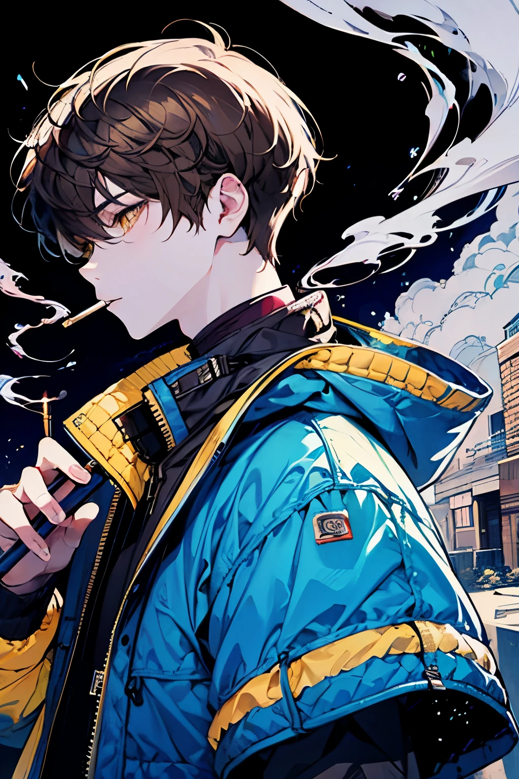 Beautiful young man, brown hair, short hair, yellow eyes, blue quilted coat, smokes, night, smoke,high quality, amount of drawing, pixiv illustration