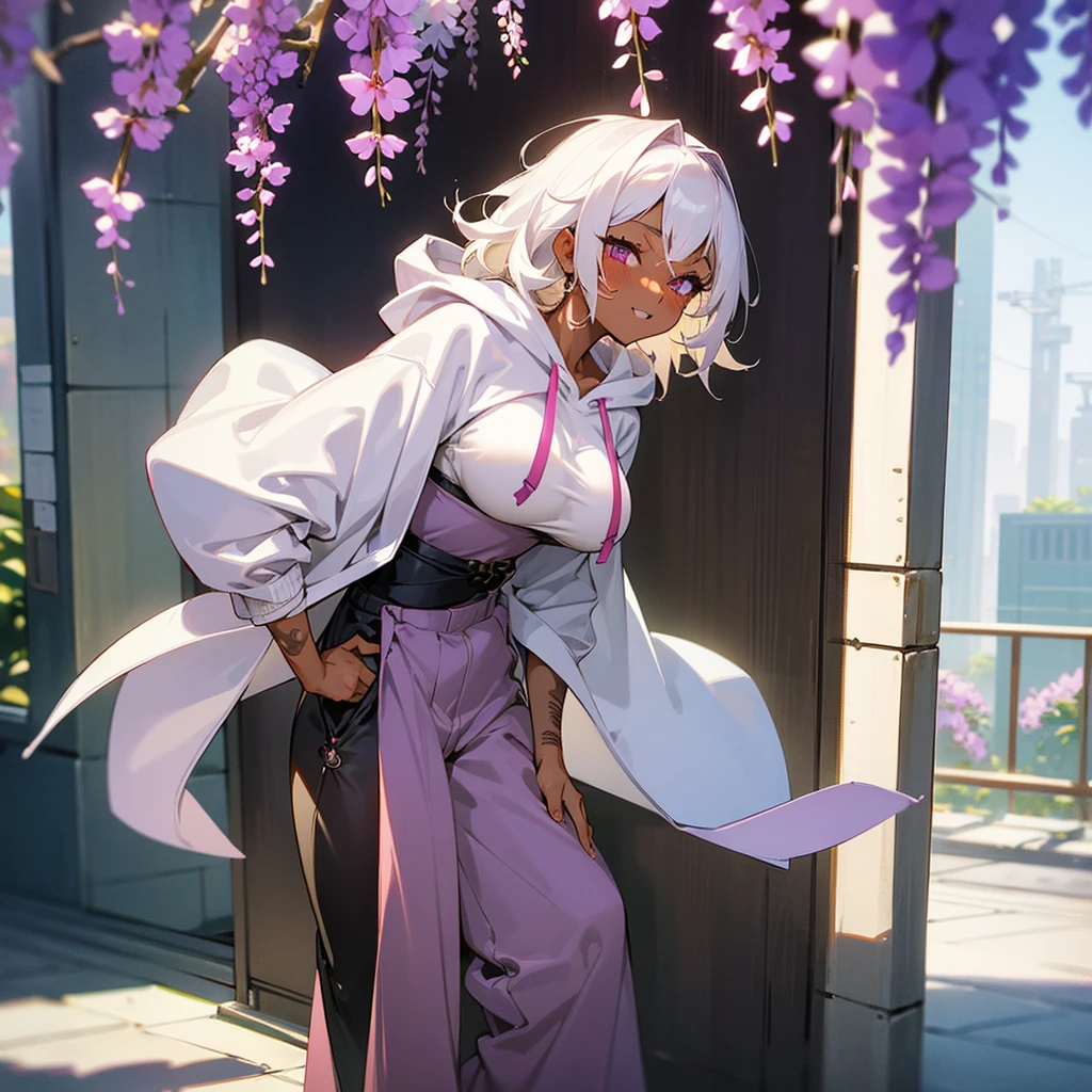 1female, sexy, big breast, young adult, dark skin, finely detailed plum eyes, wild medium hair, seashell white hair color, oversized hoodie, baggy pants, standing on building, day time, tokyo streets, excited expression, tattoos, wisteria flowers, scars, blushing