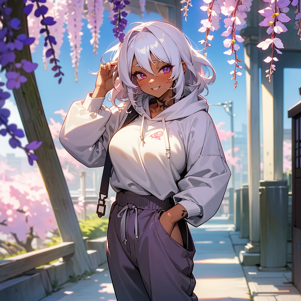 1female, sexy, big breast, young adult, dark skin, finely detailed plum eyes, wild medium hair, seashell white hair color, oversized hoodie, baggy pants, standing on building, day time, tokyo streets, excited expression, tattoos, wisteria flowers, scars, blushing