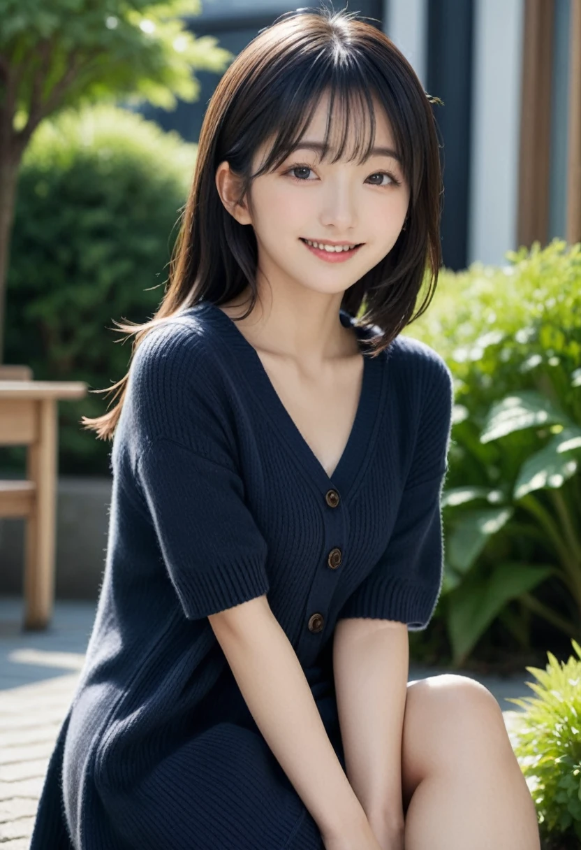 (highest quality,masterpiece:1.3,Ultra-high resolution),(Very detailed,Caustics,8k),(Realistic:1.4,RAW shooting),18-year-old,cute,Japanese Idols,Black hair half up,Smiling and looking at the camera,Crouched posture,Big Breasts,cardigan,Knitted dress,(garden),(Low position:1.2),(Low Angle:1.2),(Face Focus:1.2),(Face close-up:1.2),Natural light,(Lens flare),Professional Writing