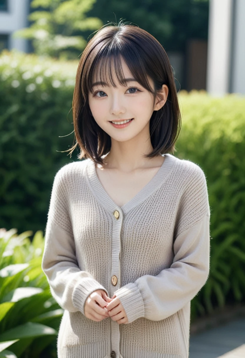 (highest quality,masterpiece:1.3,Ultra-high resolution),(Very detailed,Caustics,8k),(Realistic:1.4,RAW shooting),18-year-old,cute,Japanese Idols,Black hair half up,Smiling and looking at the camera,Crouched posture,Big Breasts,cardigan,Knitted dress,(garden),(Low position:1.2),(Low Angle:1.2),(Face Focus:1.2),(Face close-up:1.2),Natural light,(Lens flare),Professional Writing