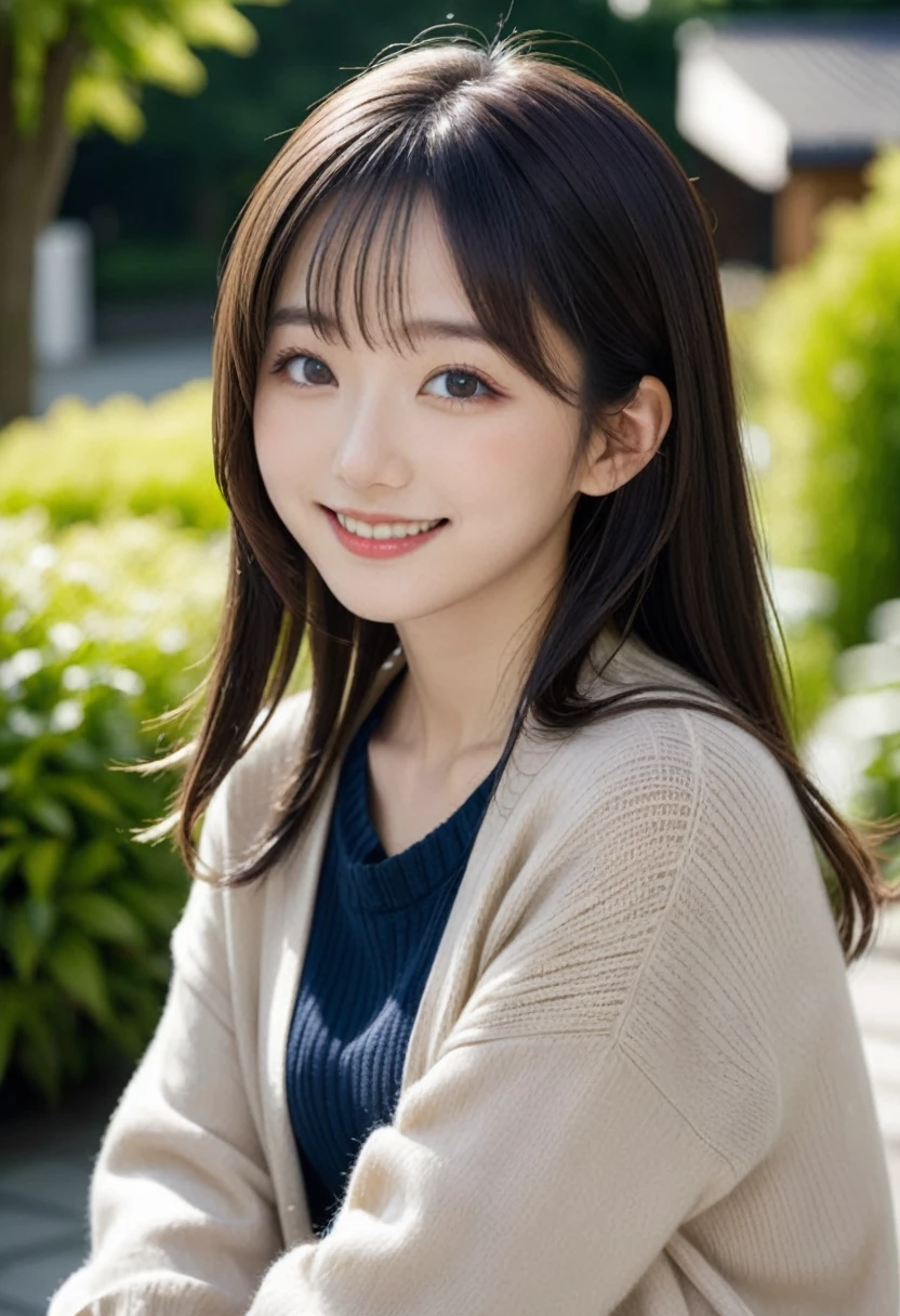 (highest quality,masterpiece:1.3,Ultra-high resolution),(Very detailed,Caustics,8k),(Realistic:1.4,RAW shooting),18-year-old,cute,Japanese Idols,Black hair half up,Smiling and looking at the camera,Crouched posture,Big Breasts,cardigan,Knitted dress,(garden),(Low position:1.2),(Low Angle:1.2),(Face Focus:1.2),(Face close-up:1.2),Natural light,(Lens flare),Professional Writing