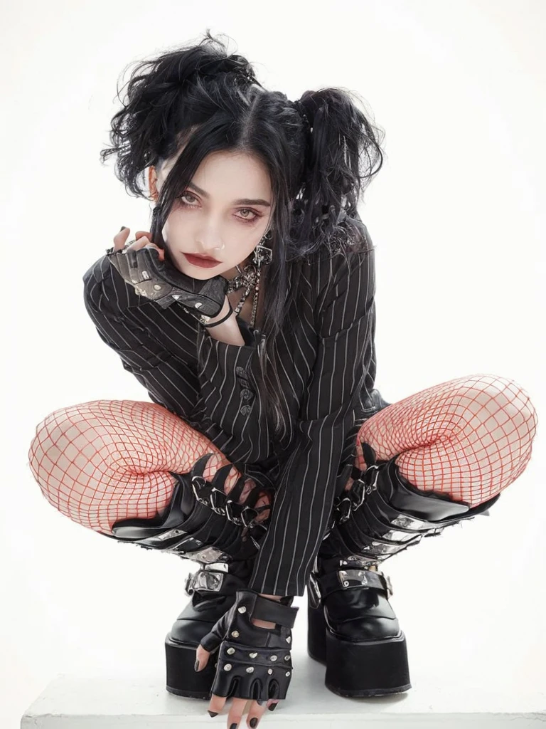 araffe woman with black hair and piercings crouching on a white surface, 1 7 - year - old goth girl, Gothic, ciberGothic, goth girl, gothic woman, estilo Gothic, 1 7 - year - old anime goth girl, top model Gothic muito lindo, Death Star, goth girl aesthetic, Gothic aesthetic, vibrações de terror Gothic, neoGothic
