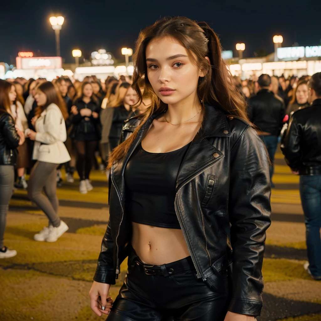 there is a woman in a black top and a leather jacket, she wears leather jacket, Portrait Sophie Mudd, Style of Julia Razumova, Wearing a leather jacket, Anastasia Ovchinnikova, dressed in leather jacket, wearing leather jacket, wearing a black leather jacket, wearing a short black t-shirt, attractive girl, black leather dress, Leather Clothes