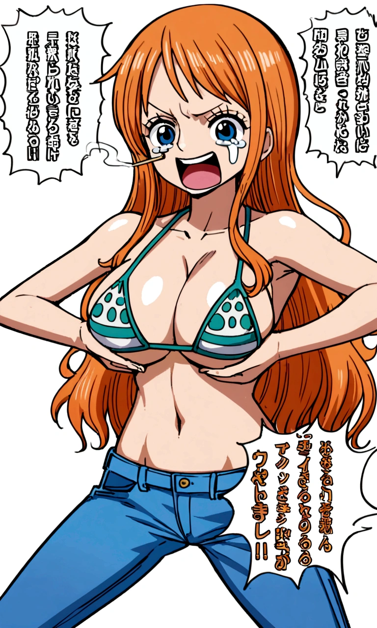 a cartoon picture of a woman in a bikini top and jeans, nami one piece, nami from one piece, nami, beautiful portrait of nami, from one piece, oppai, blue eyes, smoking, cry