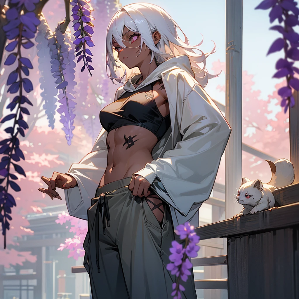1female, sexy, young adult, dark skin, finely detailed plum eyes, wild medium hair, seashell white hair color, crop top oversized hoodie, baggy pants, standing on building, day time, tokyo streets, somber expression, tattoos, wisteria flowers, scars