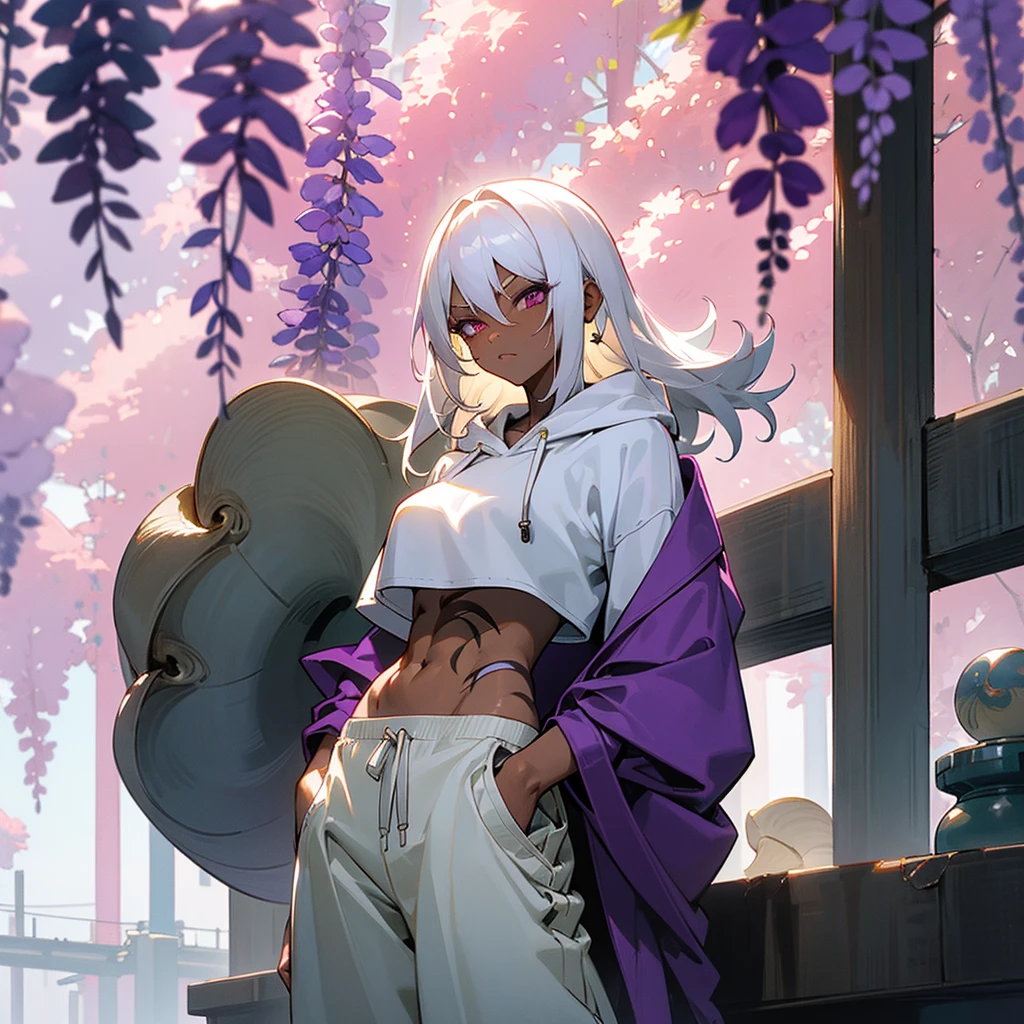 1female, , young adult, dark skin, finely detailed plum eyes, wild medium hair, seashell white hair color, crop top oversized hoodie, baggy pants, standing on building, day time, tokyo streets, somber expression, muscular, tattoos, wisteria flowers, scars