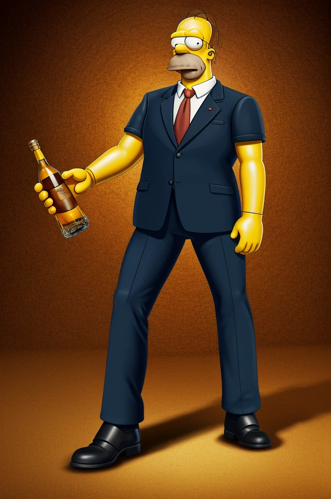 Generate an image of Homer Simpson with Johnny Walker&#39;s suit(whisky) leaving Moe&#39;s Bar all elegant 