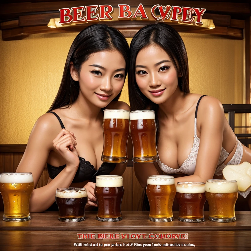 Beer promotion flyer, beauty asian, 2 glasses of beer