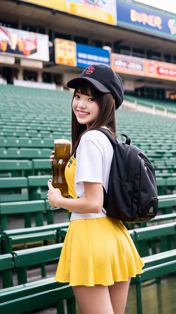 masterpiece,best Quality,ultra detailed, baseball stadium bleachers,big yellow backpack on her back, beautiful girl, selling beer, full of energy, cheerful, parky, beer vendors, beer girl, yellow and black cap, offering beer in plastic cup, smiling, white and black short sleeve shirt, , Bud girl,
