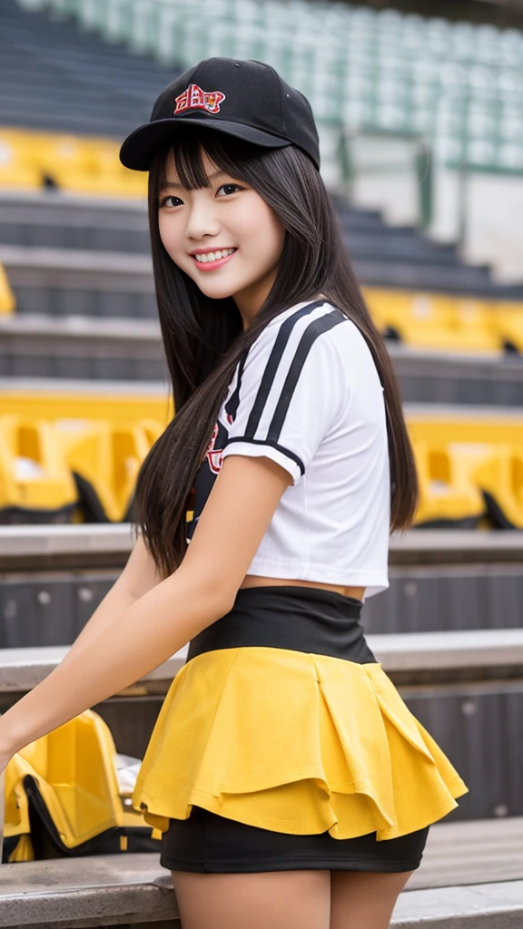 masterpiece,best Quality,ultra detailed, baseball stadium bleachers,big yellow backpack on her back, beautiful girl, selling beer, full of energy, cheerful, parky, beer vendors, beer girl, yellow and black cap, offering beer in plastic cup, smiling, white and black short sleeve shirt, mini-skirt, Bud girl,