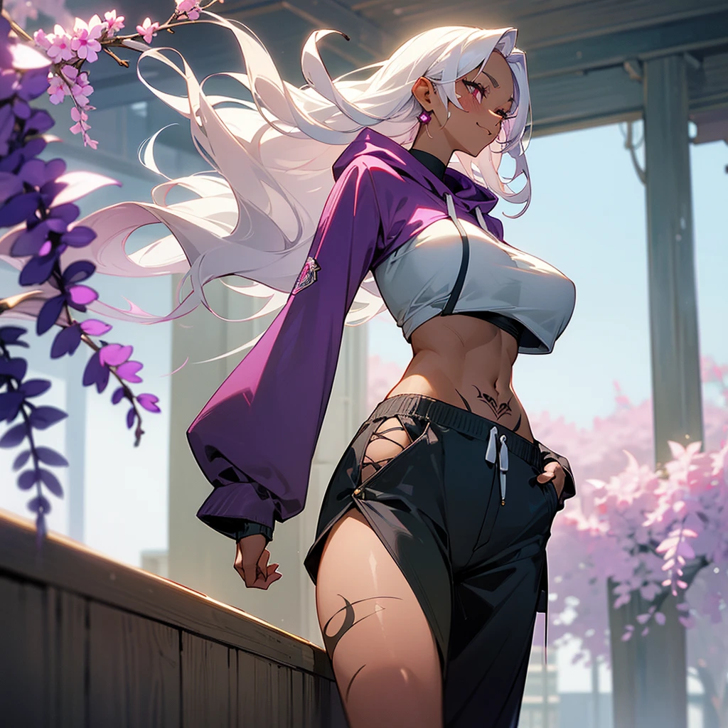 1female, sexy, big breast,  adult, dark skin, finely detailed plum eyes, wild medium hair, seashell white hair color, crop top oversized hoodie, baggy pants, standing on building, day time, tokyo streets, excited expression, tattoos, wisteria flowers, scars, blushing