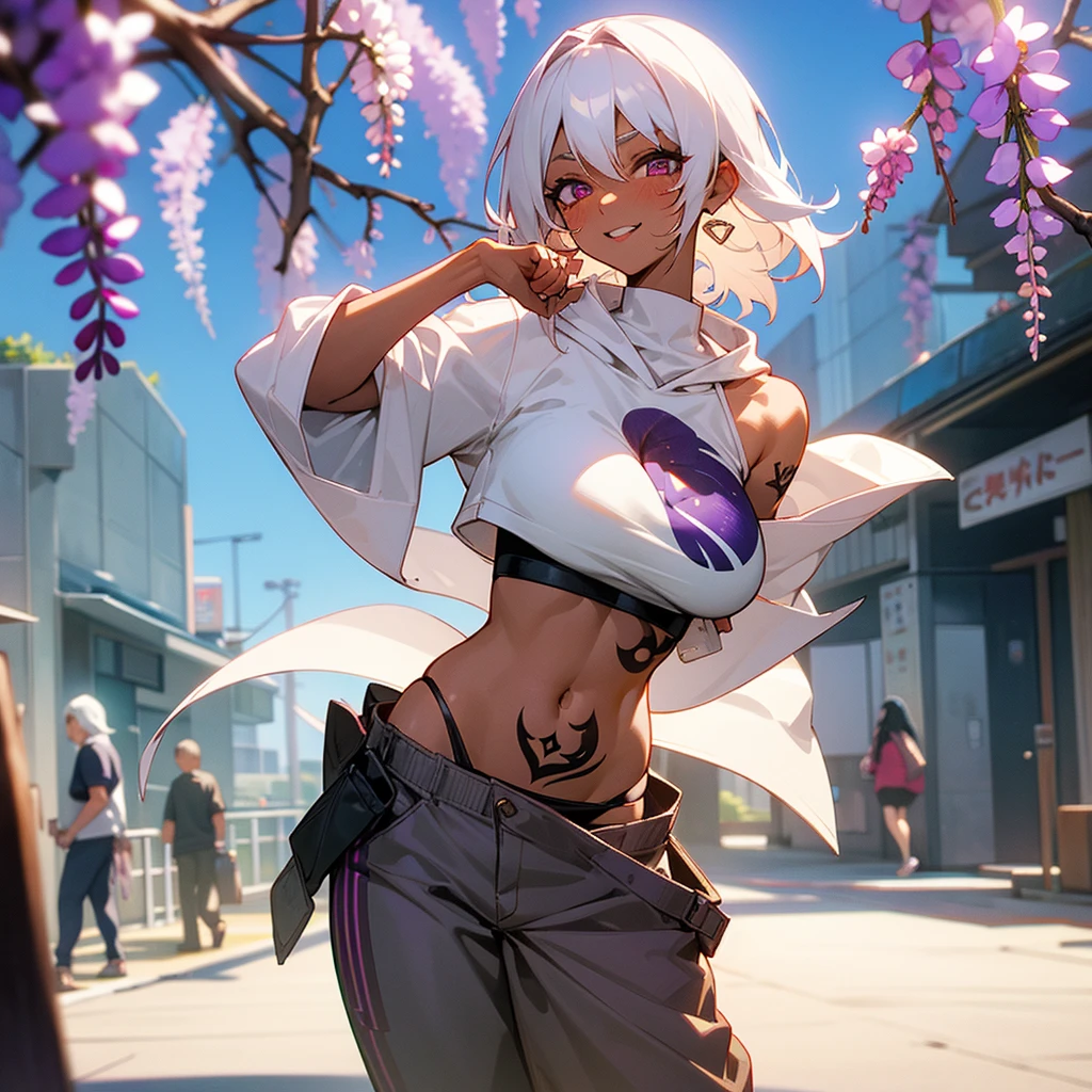 1female, sexy, big breast,  adult, dark skin, finely detailed plum eyes, wild medium hair, seashell white hair color, crop top oversized hoodie, baggy pants, standing on building, day time, tokyo streets, excited expression, tattoos, wisteria flowers, scars, blushing