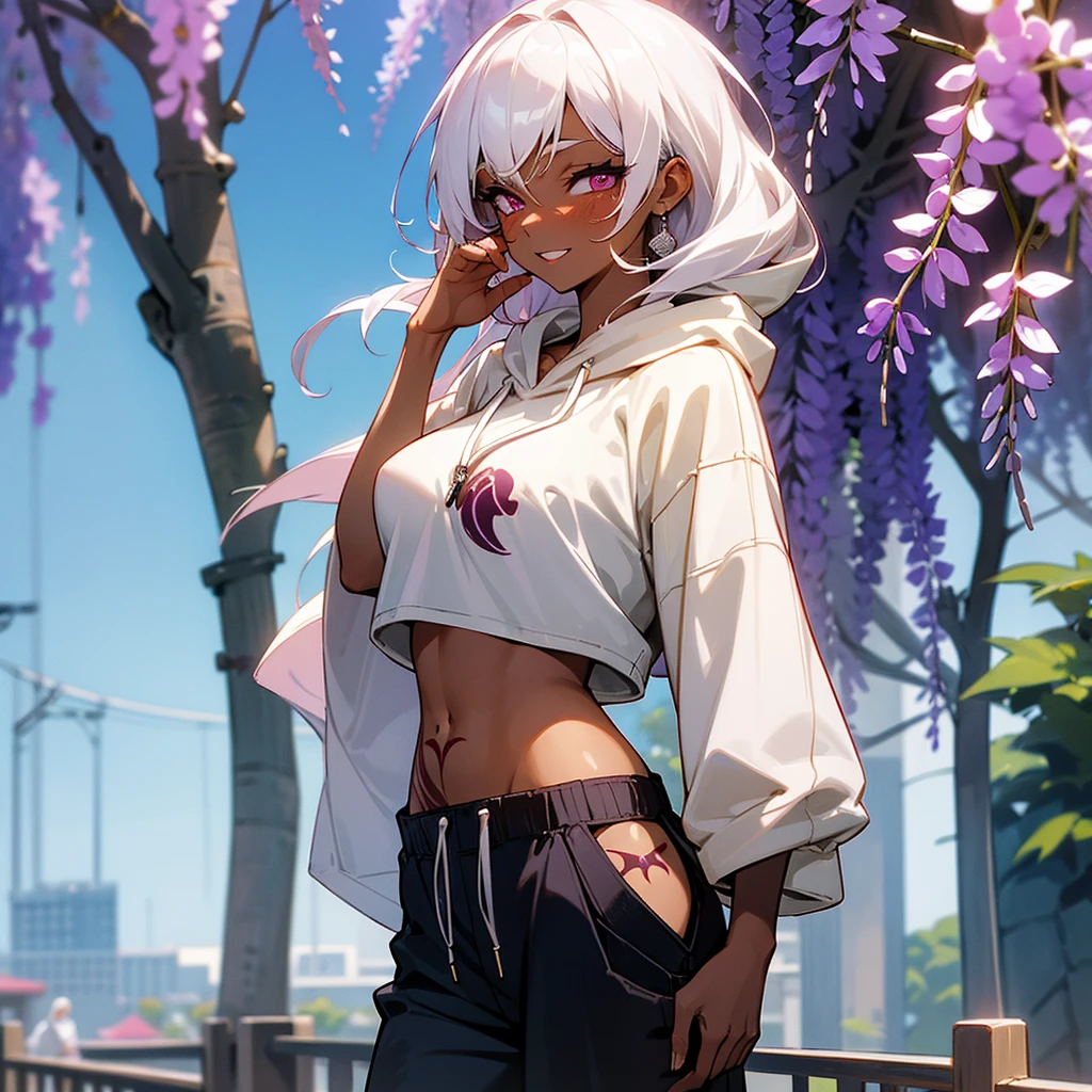 1female, sexy, big breast,  adult, dark skin, finely detailed plum eyes, wild medium hair, seashell white hair color, crop top oversized hoodie, baggy pants, standing on building, day time, tokyo streets, excited expression, tattoos, wisteria flowers, scars, blushing