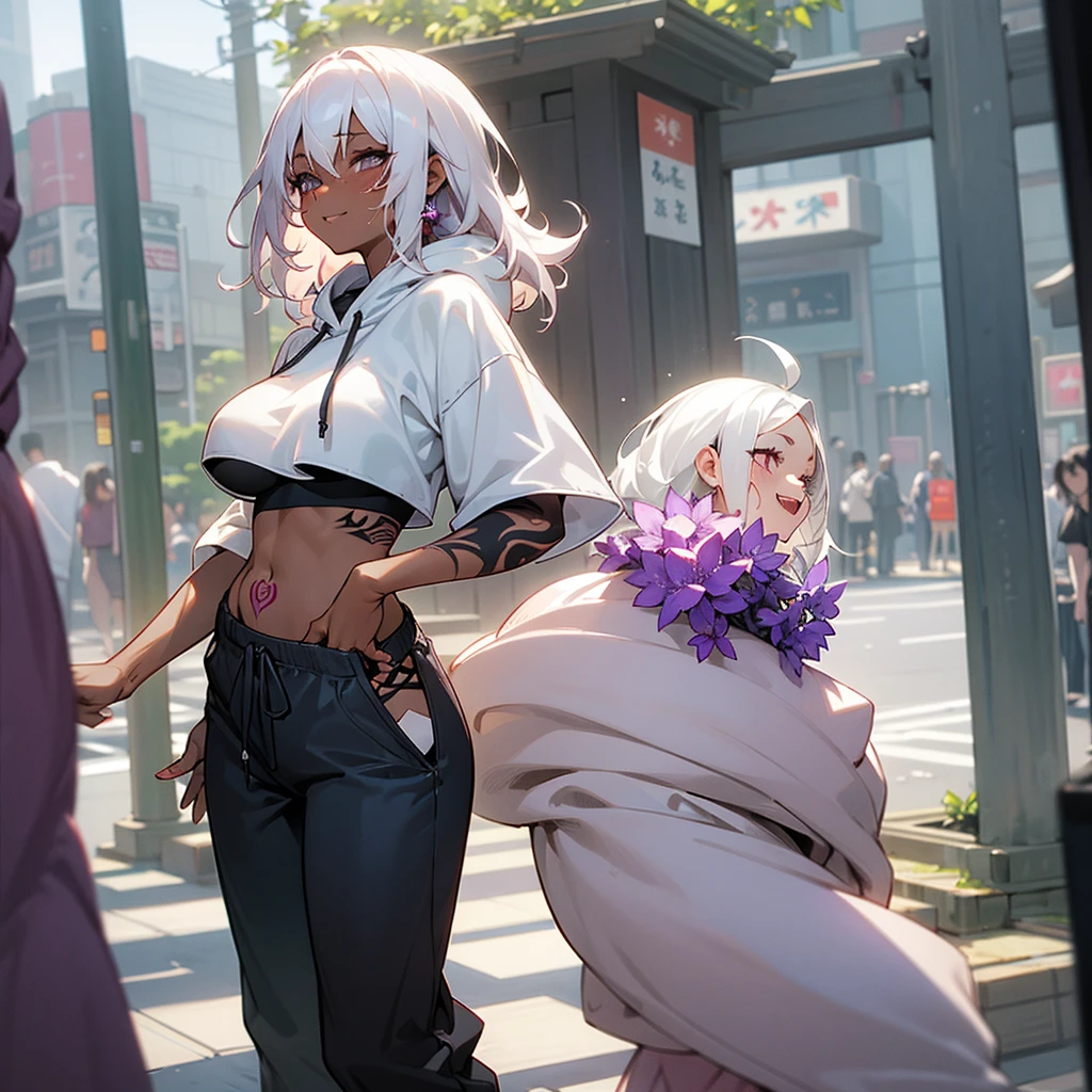 1female, sexy, big breast, young adult, dark skin, finely detailed plum eyes, wild medium hair, seashell white hair color, crop top oversized hoodie, baggy pants, standing on building, day time, tokyo streets, excited expression, tattoos, wisteria flowers, scars, blushing