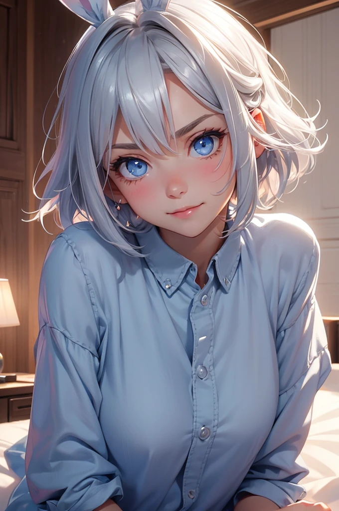 loking at viewer, light smile, blush,, o, cowboy shot, v arms, short silver hair, blue eyes, serious looks. looking at viewer, cowboy shot, solo, silver bunny ears, one bed #Anime. lack bodysuit, fur trim, gloves, blue boots floating armor, power armror