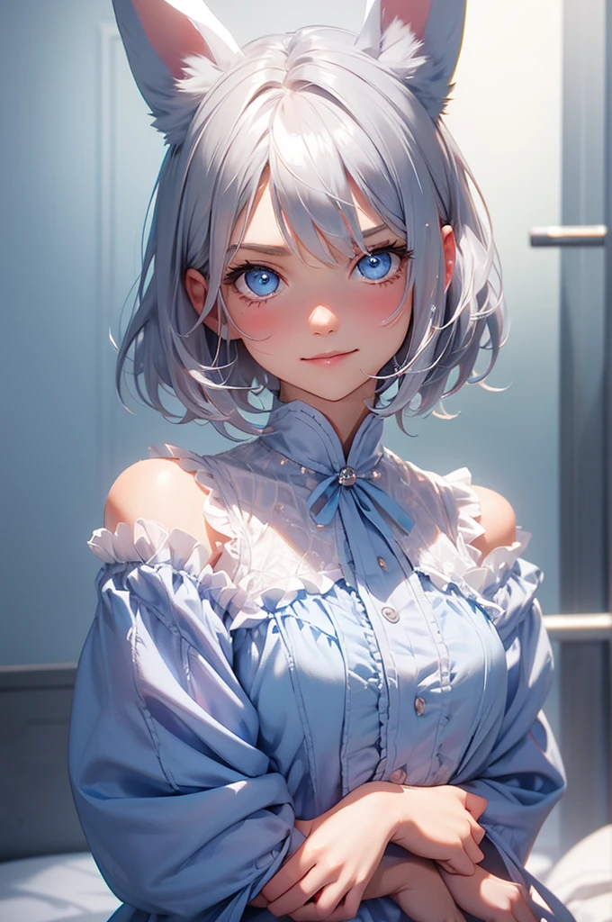 loking at viewer, light smile, blush,, o, cowboy shot, v arms, short silver hair, blue eyes, serious looks. looking at viewer, cowboy shot, solo, silver bunny ears, one bed #Anime. lack bodysuit, fur trim, gloves, blue boots floating armor, power armror