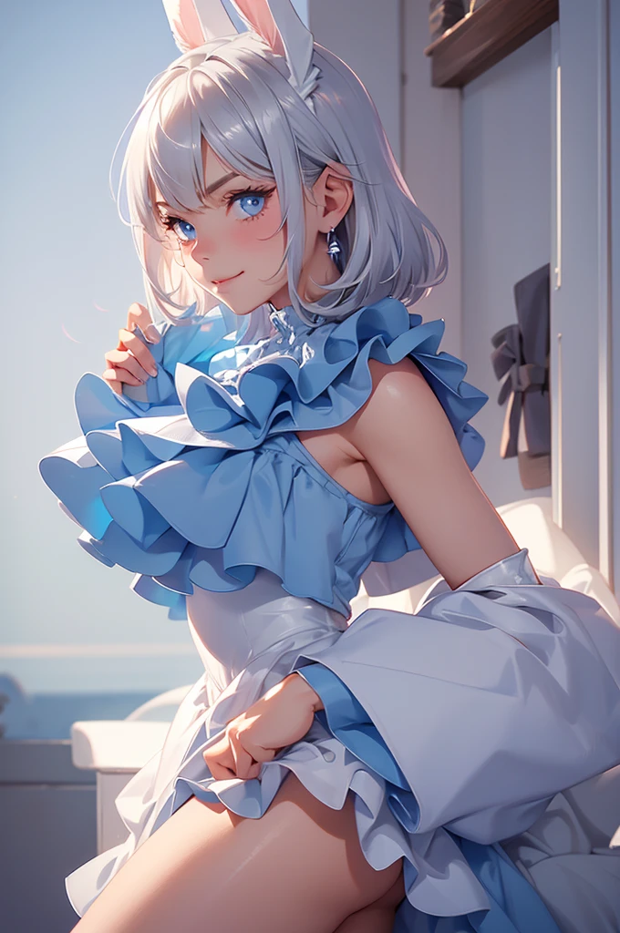 loking at viewer, light smile, blush,, o, cowboy shot, v arms, short silver hair, blue eyes, serious looks. looking at viewer, cowboy shot, solo, silver bunny ears, one bed #Anime. lack bodysuit, fur trim, gloves, blue boots floating armor, power armror