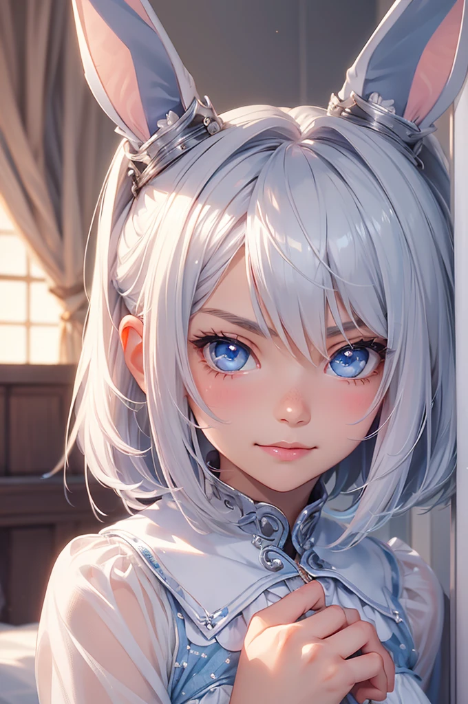 loking at viewer, light smile, blush,, o, cowboy shot, v arms, short silver hair, blue eyes, serious looks. looking at viewer, cowboy shot, solo, silver bunny ears, one bed #Anime. lack bodysuit, fur trim, gloves, blue boots floating armor, power armror