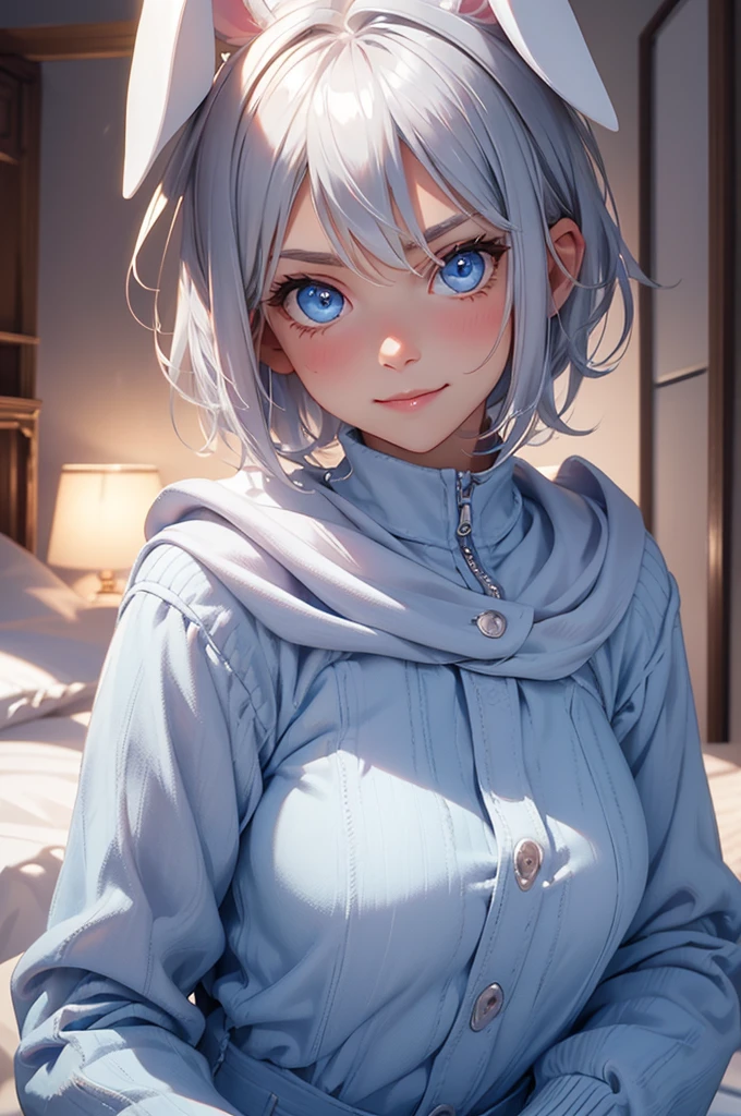 loking at viewer, light smile, blush,, o, cowboy shot, v arms, short silver hair, blue eyes, serious looks. looking at viewer, cowboy shot, solo, silver bunny ears, one bed #Anime. lack bodysuit, fur trim, gloves, blue boots floating armor, power armror