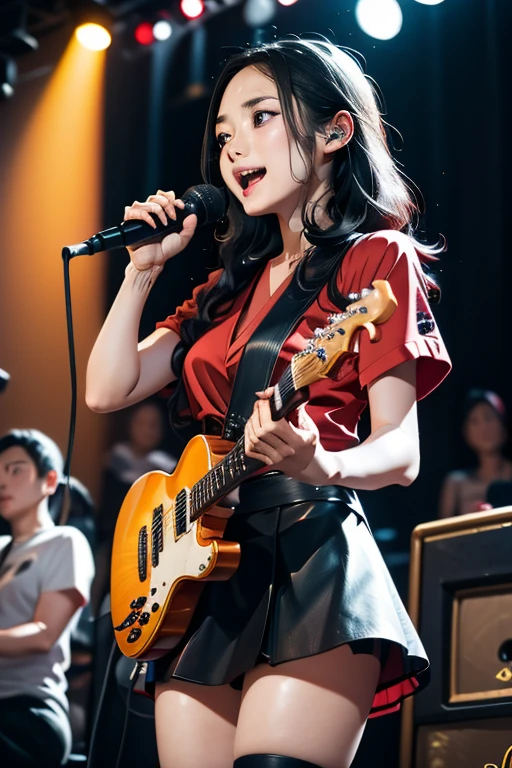 (masterpiece, Highest quality)、live house、Cute girl vocalist、Dark Eyes、Gorgeous lighting、Tight mini skirt、Black Hair、Japanese women、Hand Microphone、head to waste、