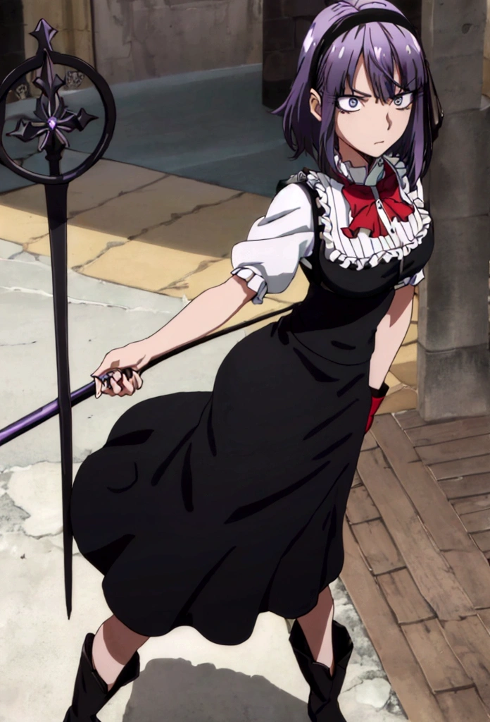 Superior image quality, high resolution, garota jovem, Pele caucasiana, shorth hair, black hair with purple shine, yellow eyes, red bow on head, black leagwear, short dress, holding staff, serious expression, medieval theme, Black boots, brown details not dressed, shoulderpads, small ruffles on the dress