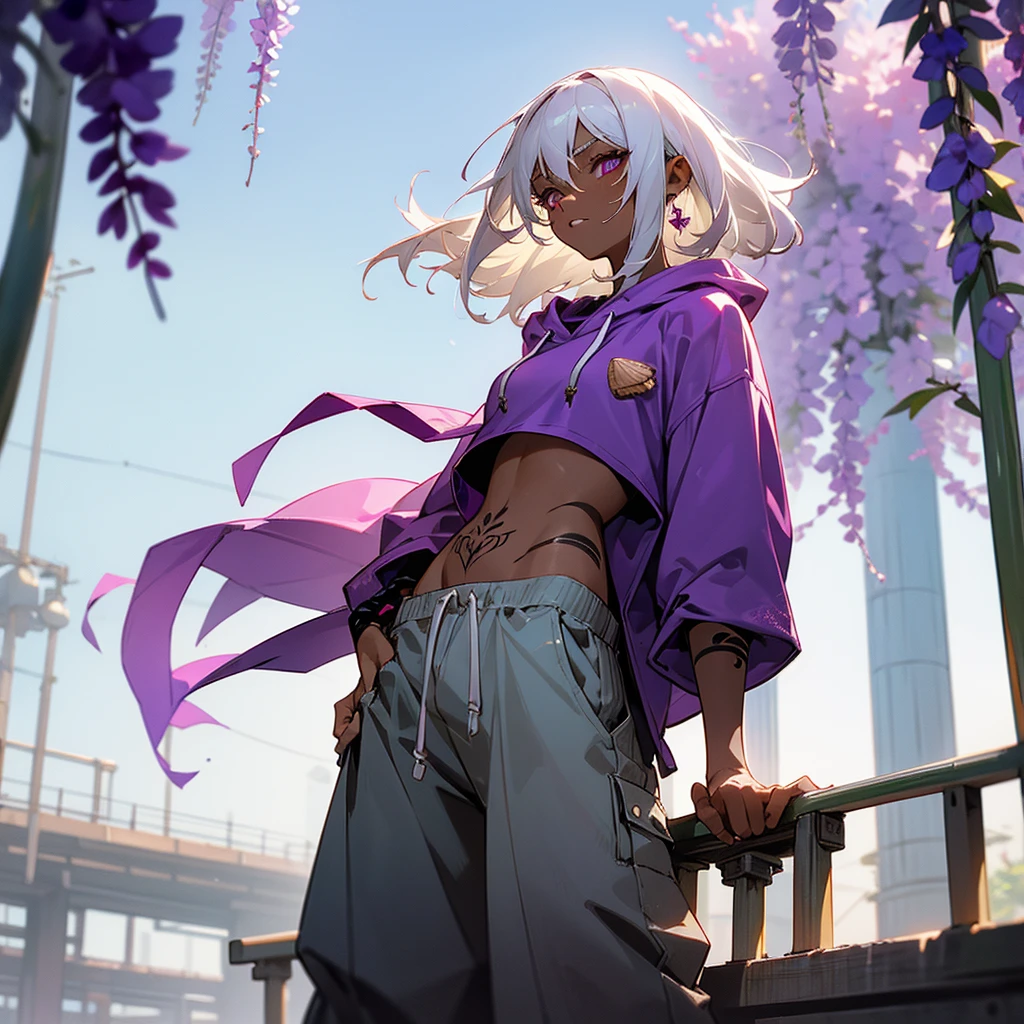 1female, sexy, young adult, dark skin, finely detailed plum eyes, wild medium hair, seashell white hair color, crop top oversized hoodie, baggy pants, standing on building, day time, tokyo streets, somber expression, tattoos, wisteria flowers, scars