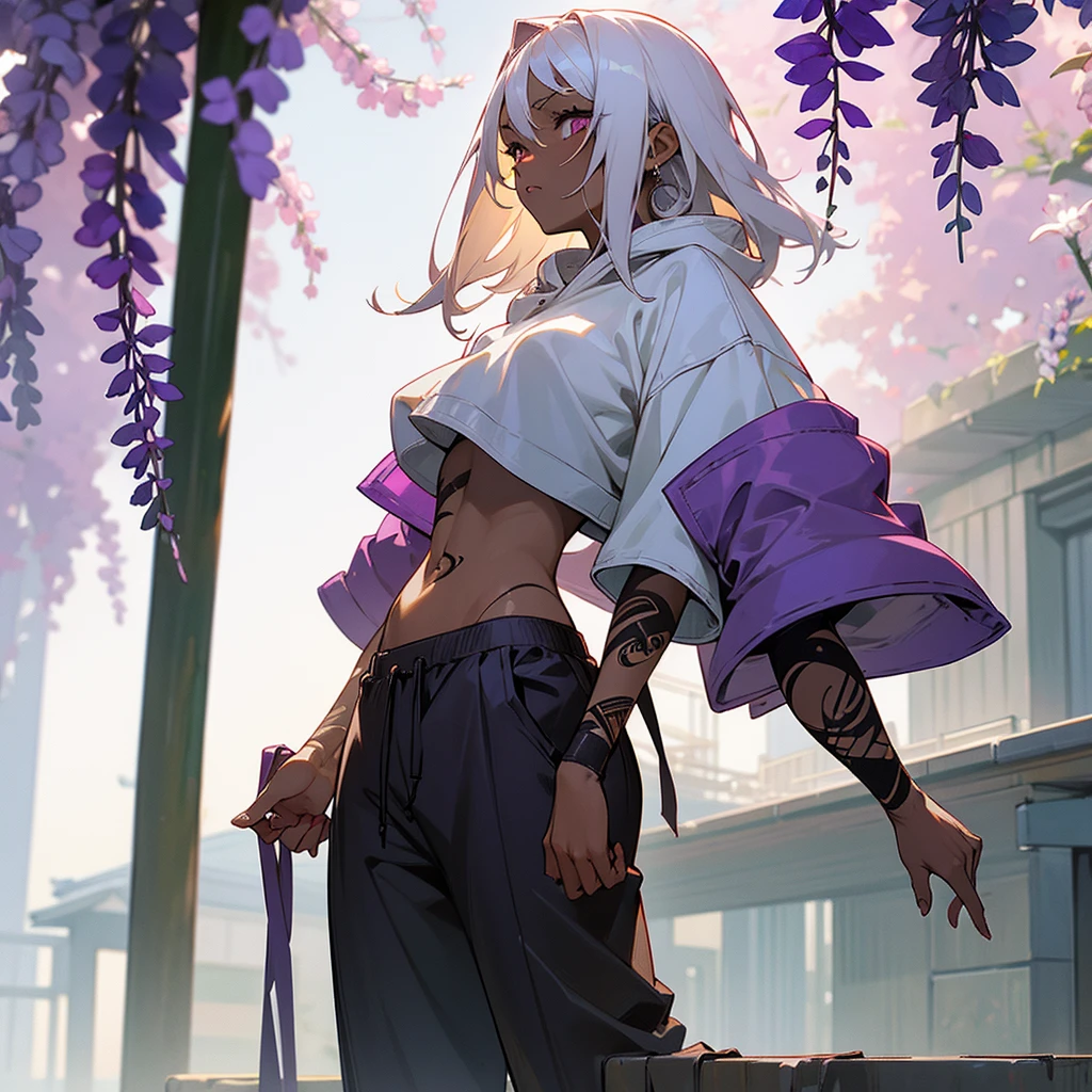 1female, sexy, young adult, dark skin, finely detailed plum eyes, wild medium hair, seashell white hair color, crop top oversized hoodie, baggy pants, standing on building, day time, tokyo streets, somber expression, tattoos, wisteria flowers, scars