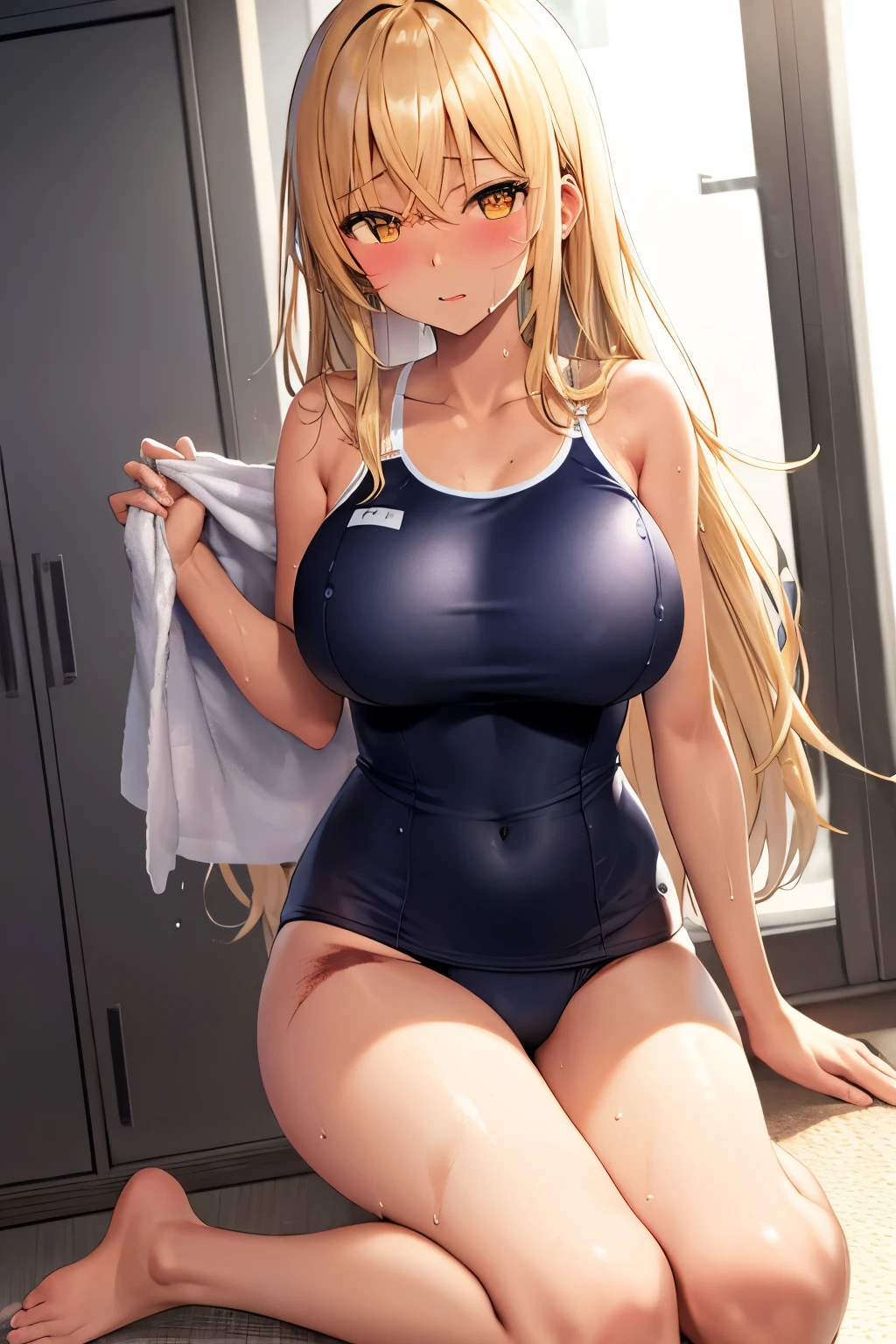 2d,Highest quality,(masterpiece),(whole body),Yami-chan,Amber Hair,Berry Berry Long Hair,blonde、(Brown woman),(Healthy dark skin),(Sunburn mark),clavicle,(new school swimwear),JK,Shining bare feet,barefoot,beautiful。Brown Eyes、Attractive thighs、Large Breasts、lockerルーム、locker、Light coming through the window、Erotic look、Large drops of sweat、Wet hair、Drops are dripping from my hair、Towel in right hand、It'; Shortness of breath,Bold Pose