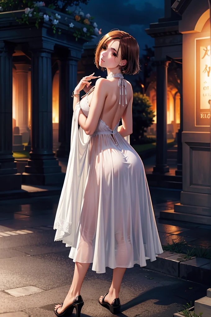 high resolution, Masterpiece artwork, best qualityer, full body photo, 1girl, back at you, white clothes, in the background cemetery on night, finely detailed skin
