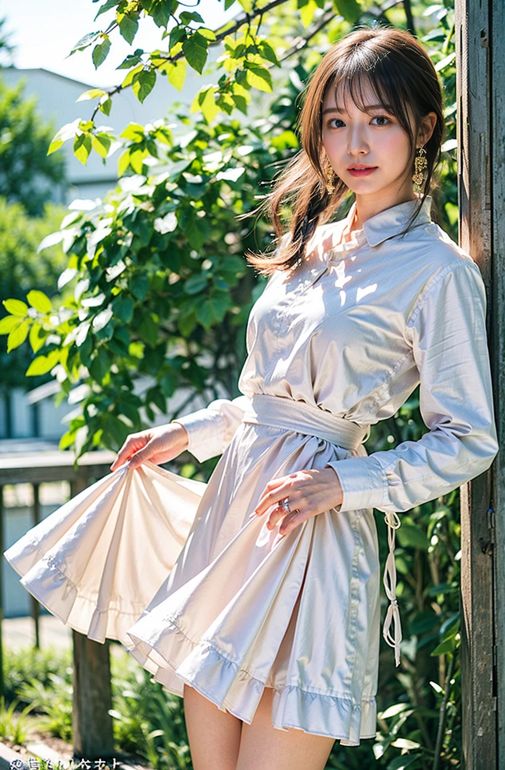 （（Cream hair color、砂浜でsmileで撮影:1.4））、Sleeveless、Outdoor shots、Cute clothes、Tie your hair、Cream hair color、Leather Belt、Her huge breasts are obvious even through her clothes..、Small earrings、Light brown hair color、Tie your hair:1.4））、Shiny Hair、Light beige hair color、Background Blur、Braid only the front hair、Light brown hair、｛｛Cowgirl Shot｝｝、（（Close-up shot from the waist up、Big Breasts:1.4））、Big Breasts、にっこりsmile、Silk clothing、服からでも分かるBig Breasts、Braid only the front hair、Cowboy Shot、A gorgeous white collared silk shirt and a brown skirt、Elegant attire、Luxury Bags、素敵なsmile、（（Revealing clothing））、Full body photo、ring、Short skirt、Tuck your hair behind one ear、Silver Necklace、smile、 Elegant ponytail、Caustics、Highly detailed photos、Very beautiful and ideal short hair、Big Breasts、Super no makeup、(8K、RAW Photos、Highest quality、masterpiece:1.2)、(Realistic、Realistic)、1 Girl、((Big Breastsショートヘア、Looking into the camera:1.4))、Hair blowing in the wind
