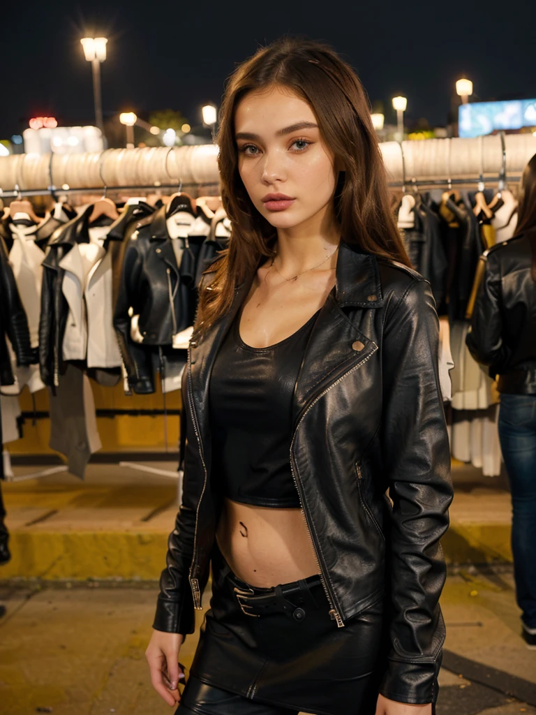 there is a woman in a black top and a leather jacket, she wears leather jacket, Portrait Sophie Mudd, Style of Julia Razumova, Wearing a leather jacket, Anastasia Ovchinnikova, dressed in leather jacket, wearing leather jacket, wearing a black leather jacket, wearing a short black t-shirt, attractive girl, black leather dress, Leather Clothes
