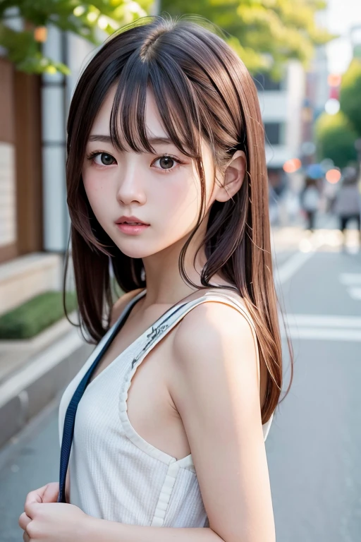 A Japanese girl、(Beauty、Delicate girl:1.3)、(20-year-old:1.3)、break、(Upper body from the waist up、suspenders:1.3)、break、Very fine grain definition、(Symmetrical eyes:1.3)、break、(Street view:1.3)、break、medium breasts、Brown eyes、Parted bangs、Brown Hair、girl、break、(Eye and facial details:1.0)、break、(masterpiece、highest quality、Super detailed、Detailed face、8k)