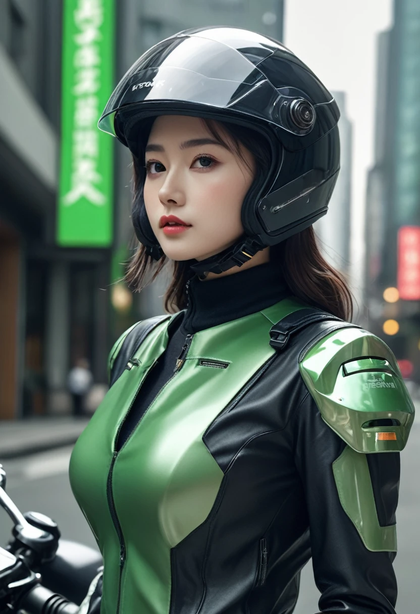 Maximum image quality, outstanding details, ultra high resolution, (realism: 1.4), the best illustration, favor details, 1 very condensed girl, with a delicate and beautiful face, dressed in a black and green wick, wearing a mecha helmet, holding a directional controller, ride a motorcycle, the background is a high-tech lighting scene of the city of the future.sitting en una moto, sitting, esta sitting.